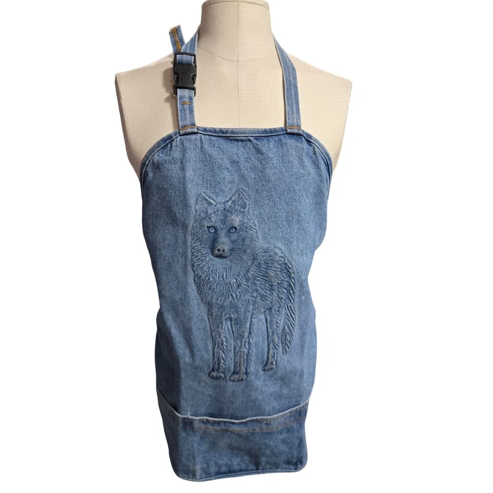 Vintage Wolf Denim Apron Blue Cotton Made in USA Embossed Animal Graphic
